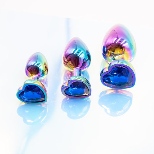 Set de 3 Plugs Anales Metálicos con Base de Corazón – 3 Tamaños con Joya Multicolor