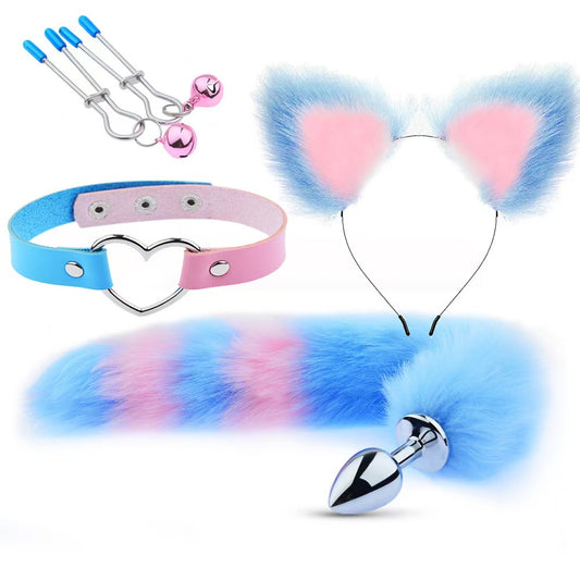 Kit de Fantasía Erótica Kawaii – Incluye Plug Anal con Cola, Orejas Peludas, Collar  y Accesorios BDSM