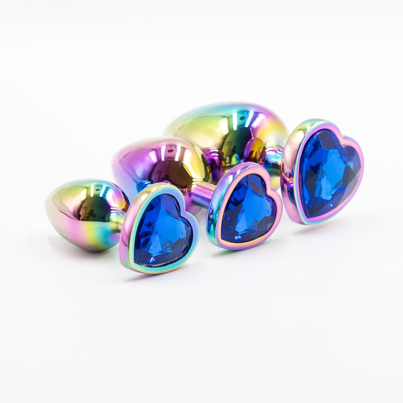 Set de 3 Plugs Anales Metálicos con Base de Corazón – 3 Tamaños con Joya Multicolor